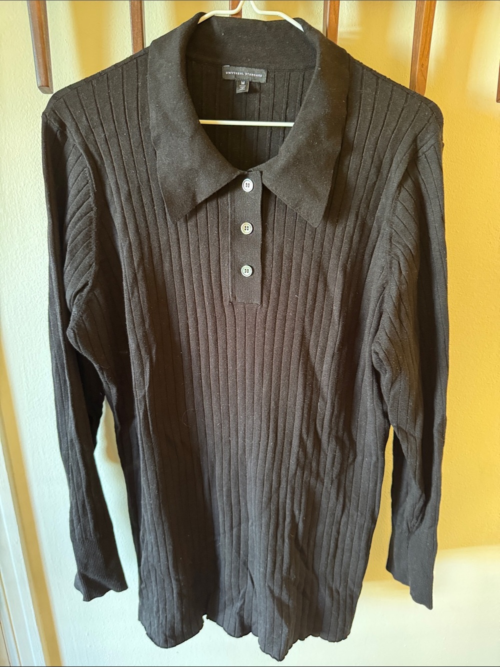 Universal Standard Black Ribbed Long-sleeved Polo Sweater